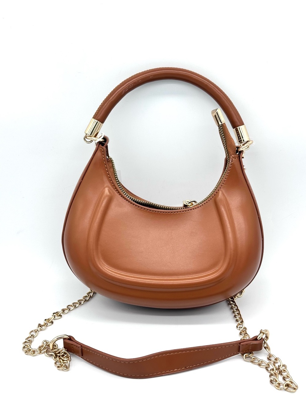 Vegan Cognac Brown Crescent Half Moon Small Shoulder Bag with Gold Chain Strap